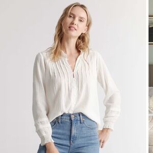 New Quince Organic Textured Cotton Peasant Blouse in White